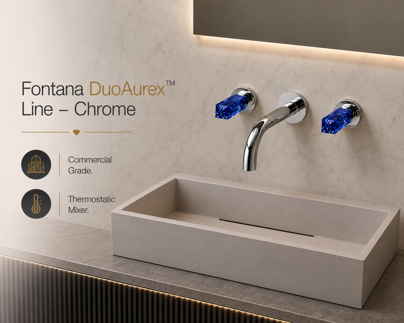 DuoAurex Line Chrome Wall Mount Faucet with Blue Crystal Handles in Luxury Bathroom Sink